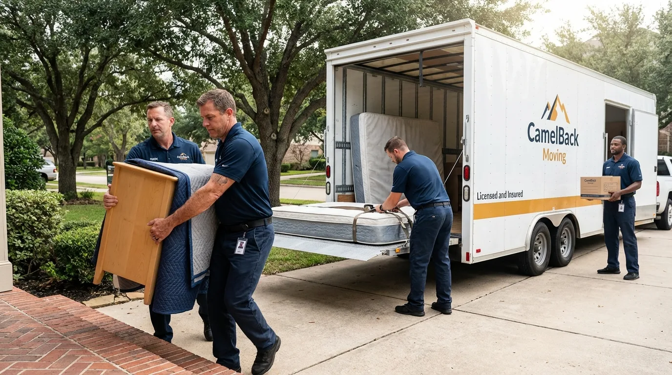 Crew loading residential truck for cross-state move from Ashley, ND