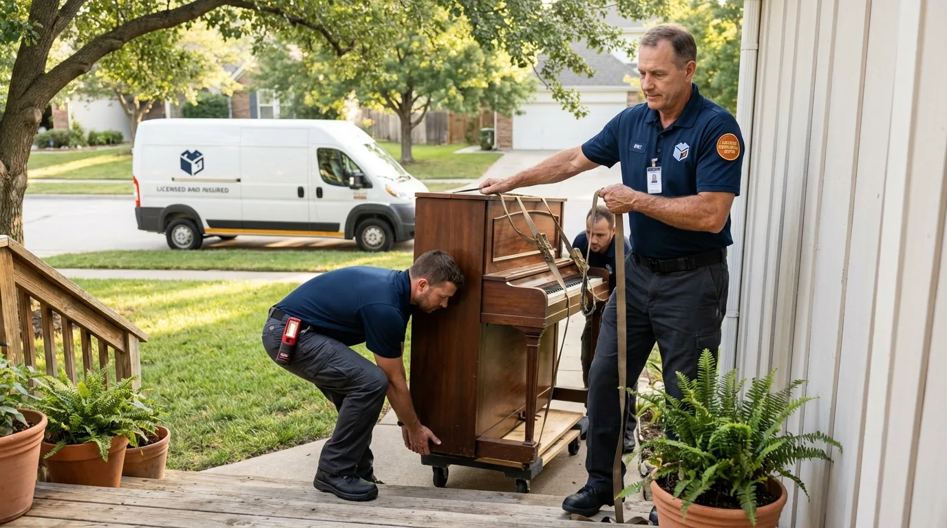 Licensed piano movers securing grand piano in Ashley, ND