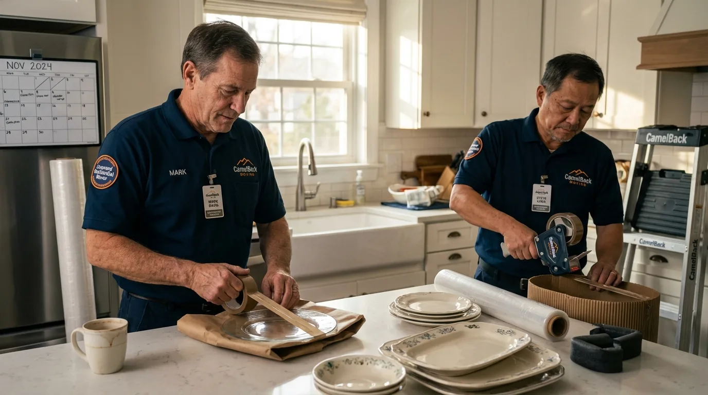 Professional crew packing kitchen dishware in Ashley, ND
